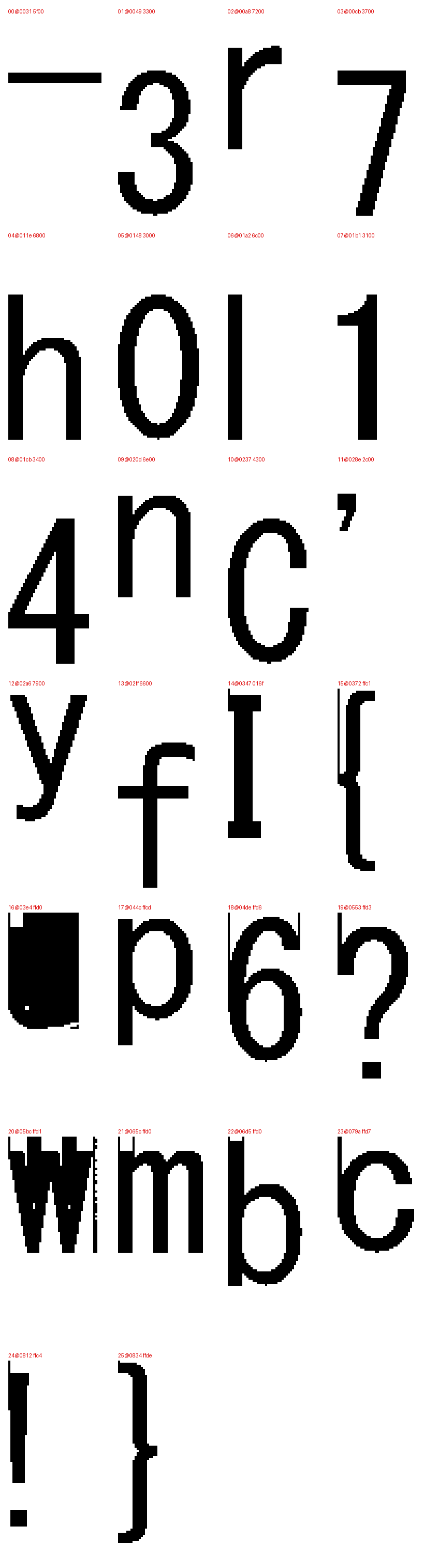 Decoded glyph contact sheet, 26 chunks, rotated 90° for reading